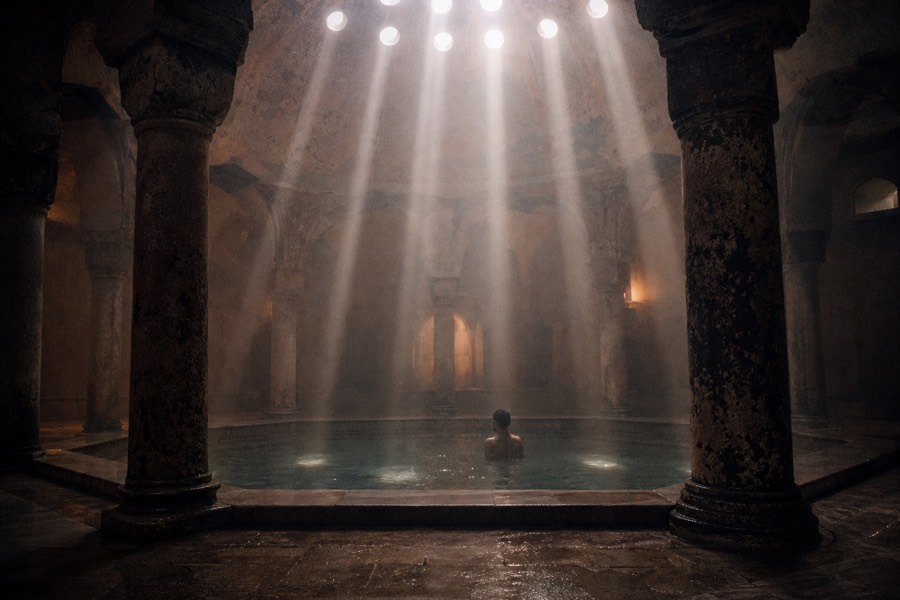 Sunbeams through the dome of an old Ottoman-style bath hall over an octagonal pool in Budapest