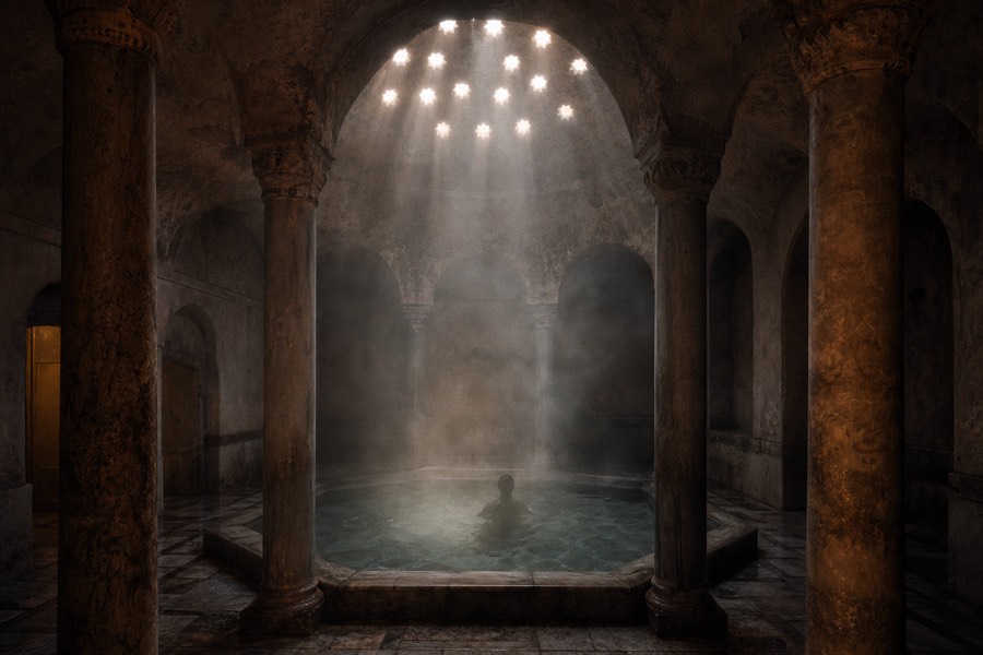 Sunbeams through the domed roof of an Ottoman-era bath over an octagonal thermal pool at Rudas in Budapest