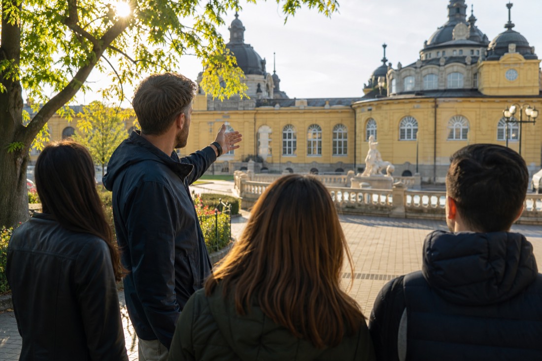 Local guide gesturing toward the yellow facade of a Budapest thermal bath while explaining entry to a small group of visitors