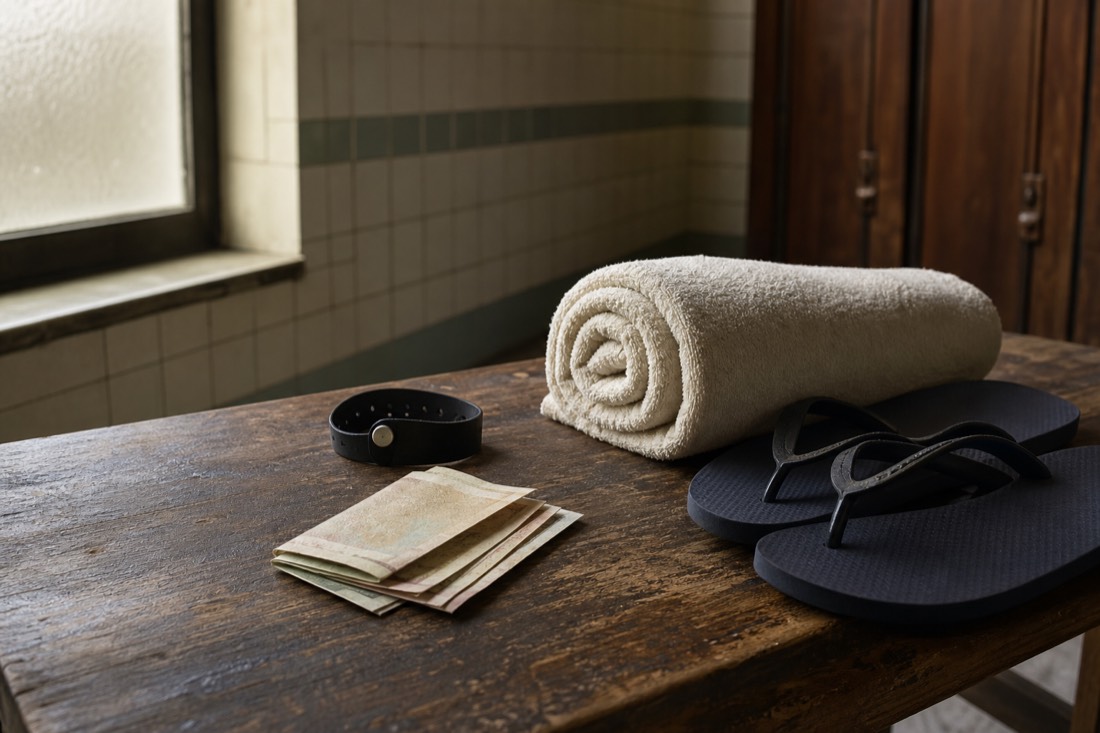 Small folded banknotes, a locker wristband and a rolled towel laid out on a wooden bench in a bath changing room