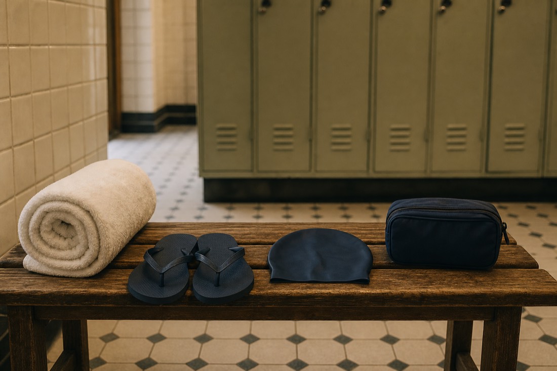 Rolled towel, flip-flops and swim cap laid out on a bench in a Budapest bath changing hall