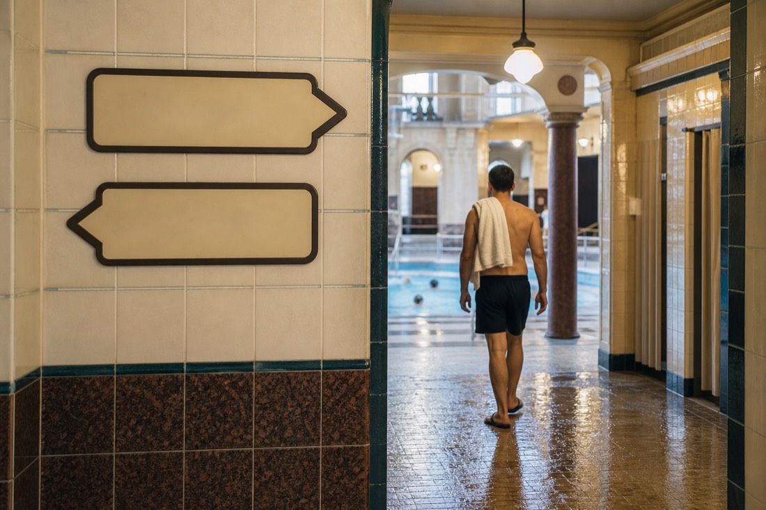 Tiled corridor of a Budapest bath with pictogram signs pointing to pools and showers