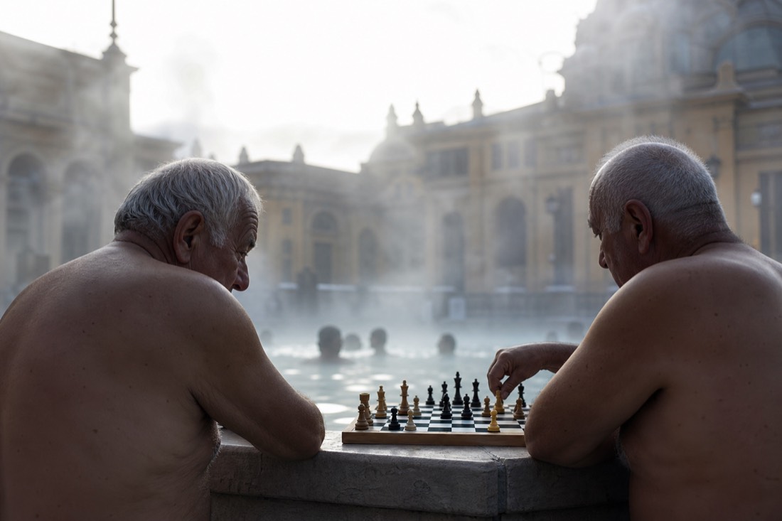 Locals playing chess on a floating board in a warm outdoor thermal pool in Budapest