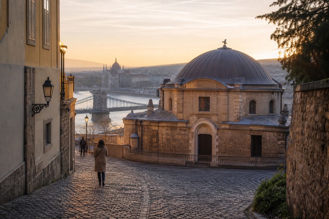 Morning light on a quiet Buda-side street leading toward a small stone bathhouse with the Danube beyond