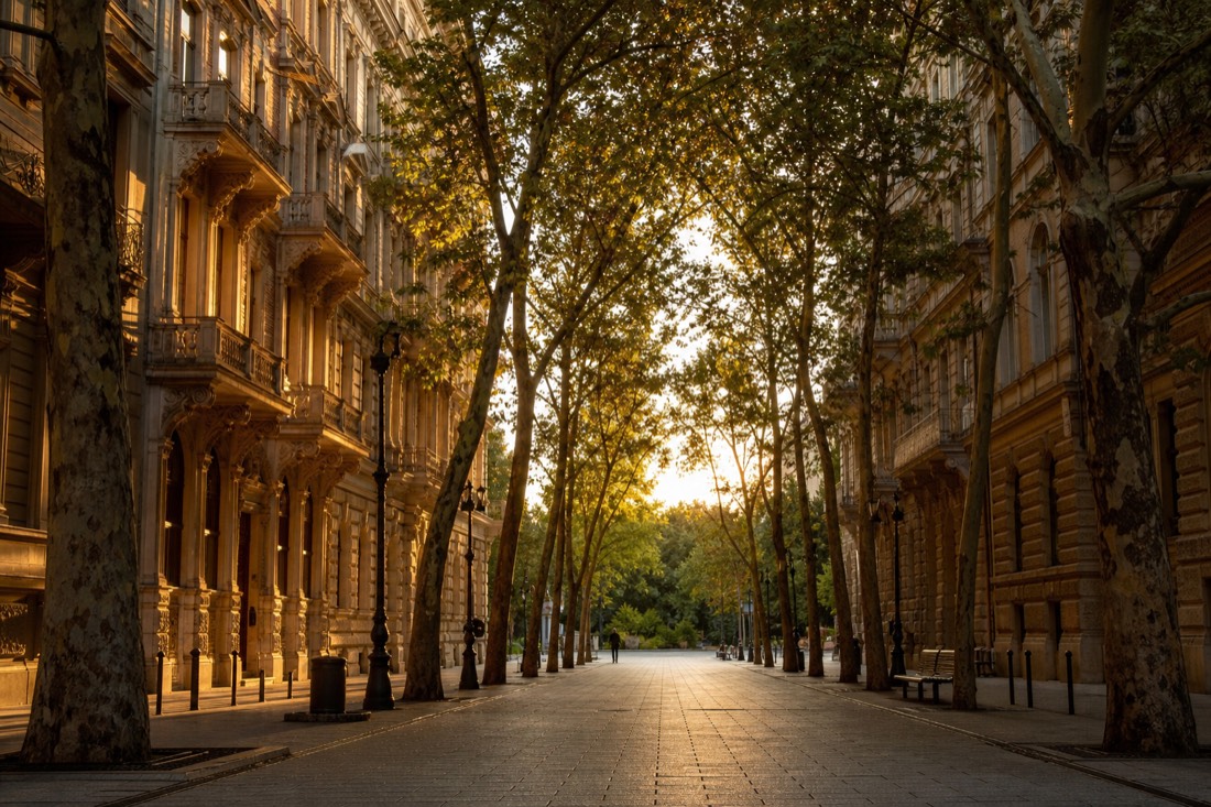 Tree-lined Andrássy Avenue in Budapest at golden hour, wide pavement leading toward City Park and the thermal bath