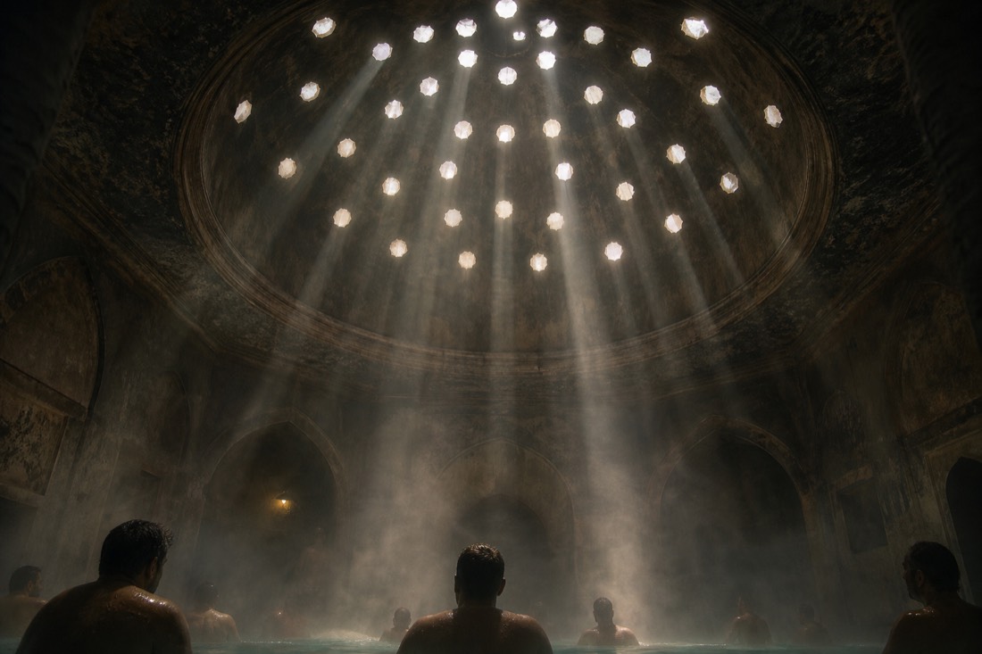 Light shafts falling through the pierced Ottoman dome onto bathers at Rudas Baths