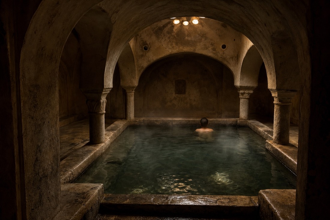 Small side pool under stone arches in the Ottoman section of a Budapest bath during a quiet morning session