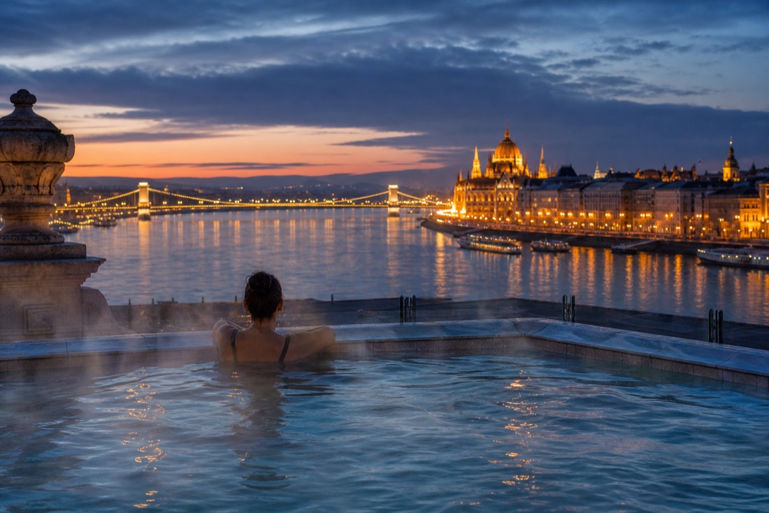 Rooftop panorama pool overlooking the Danube from the Buda side of Budapest