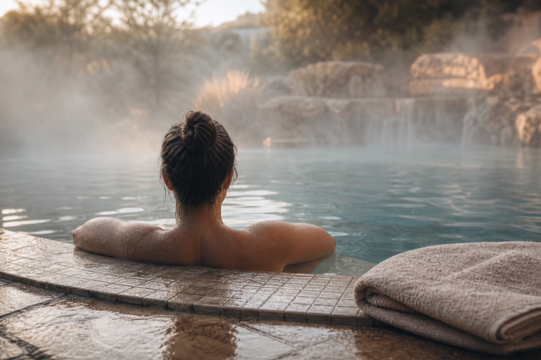 Person resting at the tiled edge of a warm thermal pool between soaks