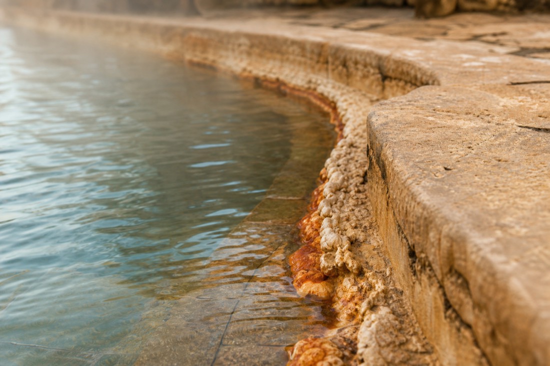 Mineral deposits and warm water at the stone edge of a Budapest thermal pool