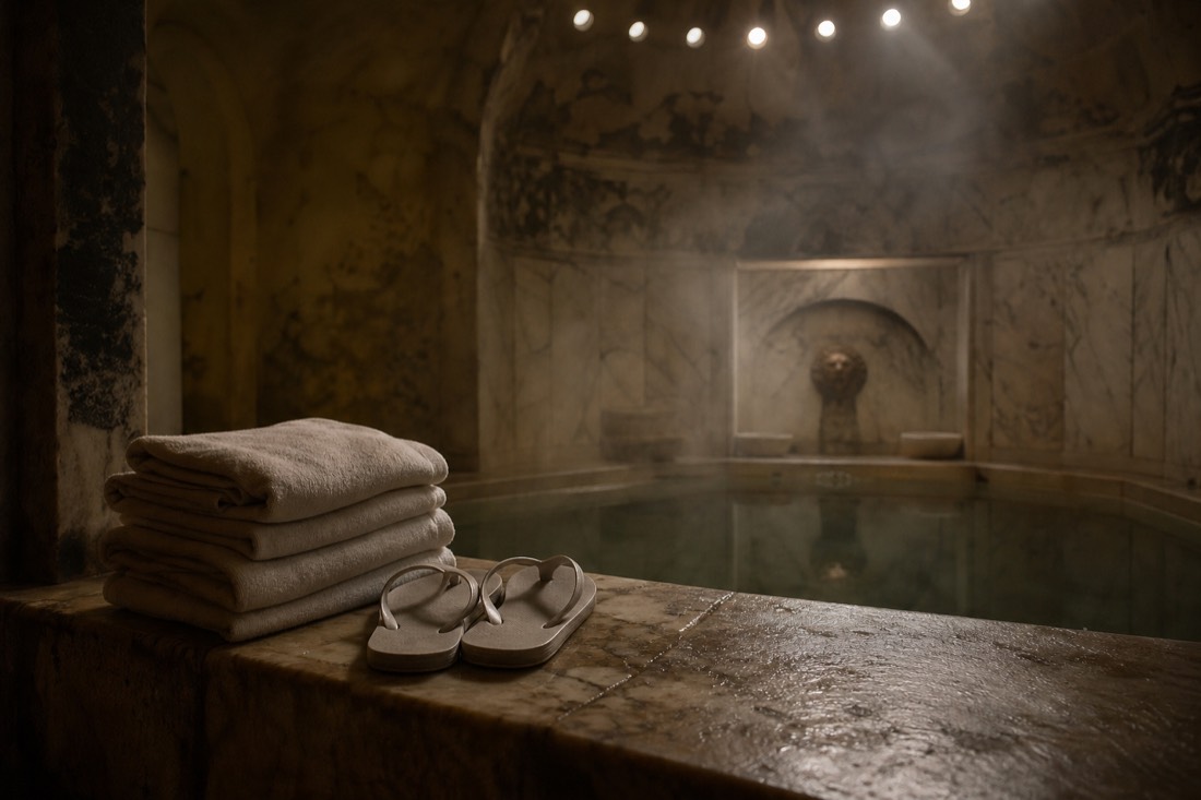 Folded towels and flip-flops on a worn stone bench beside a quiet steaming pool in a Budapest Ottoman bath