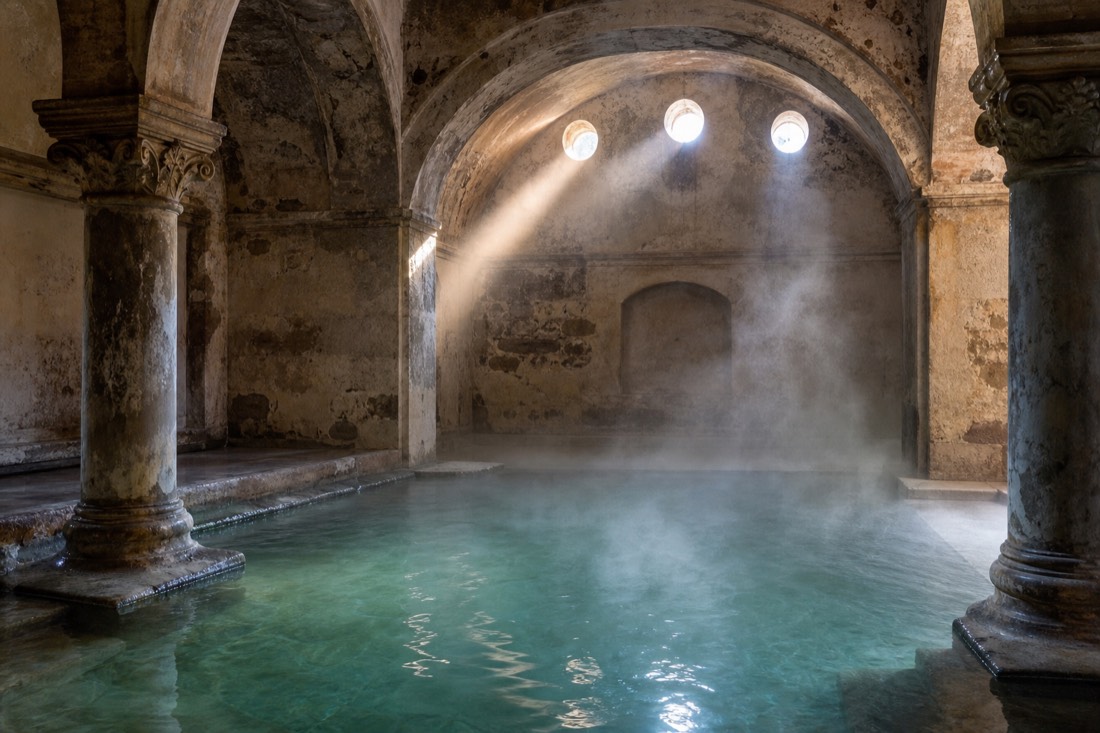 Morning light beams crossing steam above mineral water in a historic Ottoman era bath hall