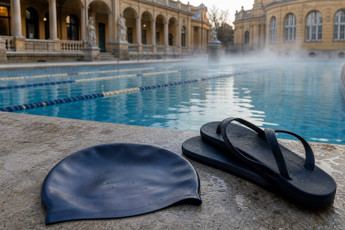 Plain swim cap and flip-flops resting on the wet stone edge of a lane-roped outdoor swimming pool at a Budapest bath