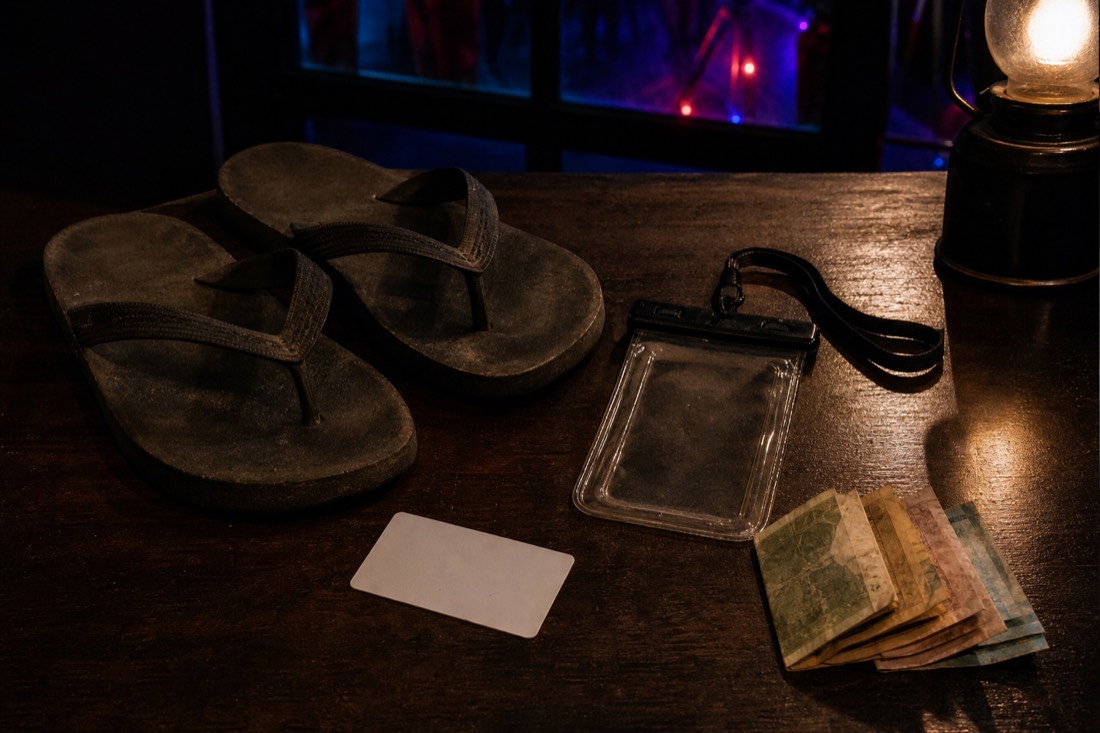Old flip-flops, a small waterproof pouch and a plain blank card laid on a dark table before a night spa party