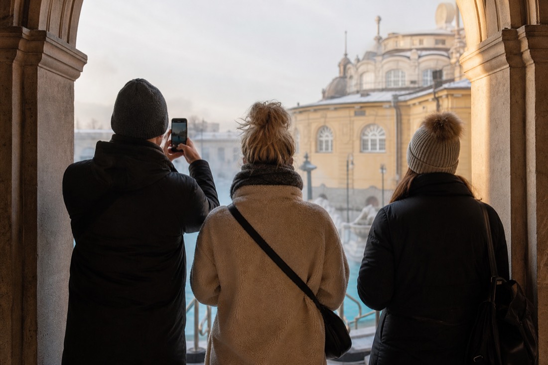Guide and two visitors seen from behind, checking a phone outside the arched entrance of a Budapest bath